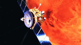 a satellite with twin solar panels orbits an orange world
