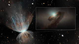 Artist's impression of the large-scale view of FU~Ori. The image shows the outflows produced by the interaction between strong stellar winds powered by the outburst and the remnant envelope from which the star formed. The stellar wind drives a strong shock into the envelope, and the CO gas swept up by the shock is what the new ALMA revealed.