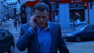 Matt Damon talking on the phone during a shaky moment in Ocean's 13.