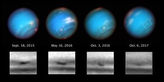 The Hubble Space Telescope took this series of images of Neptune over two years, showing a dark vortex on its surface slowly shrinking from 3,100 miles (5,000 km) across the long axis to 2,300 miles (3,700 km) across.
