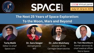 panel information image shows the four panelists along the bottom of the image and a blue banner along the upper center with the words "the next 25 years of space exploration: to the moon, mars and beyond" written in white font.