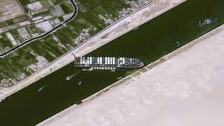 An Airbus-built Pleiades Earth-observation satellite captured this view of the Ever Given container ship stuck in the Suez Canal on March 25, 2021. 