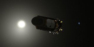 A star shines behind a nearly silhouetted Kepler Space Telescope, which is a roughly cylidrical object with protrusions at the end farthest away from the viewer. In the distance, a small blue planet.