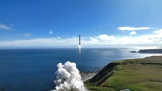 A Rocket Lab Electron rocket launching to space from seaside pad in New Zealand on May 8, 2023 local time.