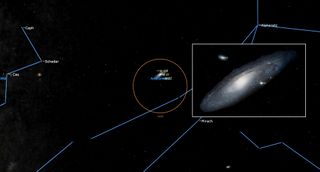 An orange circle in the night sky captures a small point labeled andromeda, enlarged in a white box on the right to show a galaxy.