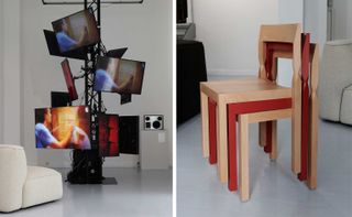 A series of screens mounted on a tall column, and a stack of three chairs in natural wood and lacquered red by Massproduction, shown at 3 Days of Design