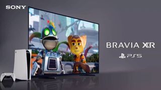 Sony Bravia TV with PS5 on grey background