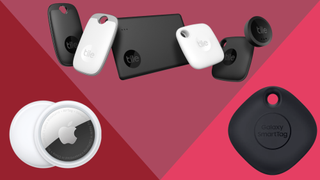 The Apple AirTag, Glaxy Smart Tag and Tile trackers on three different red backgrounds