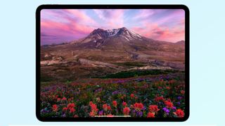 Apple iPad Pro 2024 new OLED screen displaying a mountain in front of a colorful meadow.