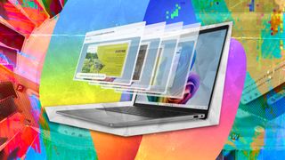 Scrapbook styled punk pop-art image showing a Dell Inspiron Copilot+ PC laptop with Windows 11 Recall depicted as floating screens on a colorful background.