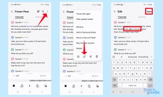 editing audio recording transcript in the Galaxy S24 Voice Recorder app