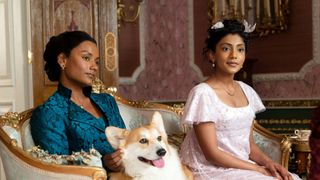 (L to R) Simone Ashley as Kate Sharma, Charithra Chandran as Edwina Sharma in episode 201 of Bridgerton