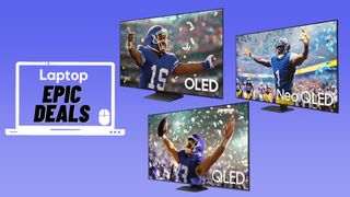 Samsung Super Bowl TV deals Samsung S95D QD-OLED, S90D OLED, and QN90D Neo QLED against blue gradient background