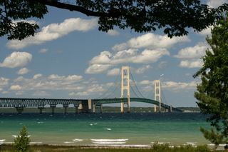 The Mackinac Bridge connects Michigan's Upper and Lower Peninsulas at the straits between Lake Huron and Lake Michigan.