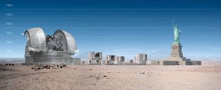 The European-Extremely Large Telescope stands to the left next to the Very Large Telescope and the Statue of Liberty on the right for size comparison.