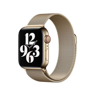 Gold Milanese Loop Apple Watch band against a white background