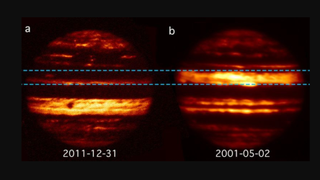 two infrared photos of jupiter showing the planet&#039;s cloud bands in shades of red and orange.