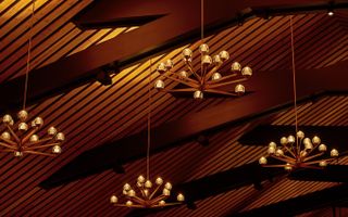 Wooden lamps hanging from the ceiling