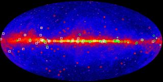 map of the universe, with a bright orange band through the middle and various shapes, circles, squares, diamonds and plus signs scattered throughout the image.