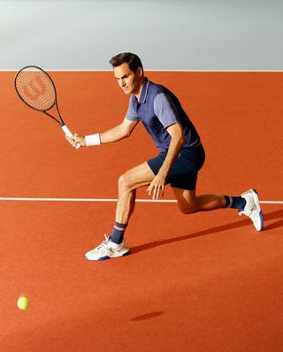 Roger Federer on tennis court wearing JW Anderson Uniqlo collection