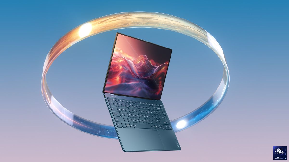 Lenovo Yoga Slim 9i on a gradient background with a ring circling it.