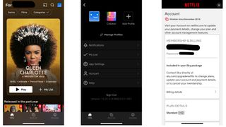 Three screenshots side by side from the Netflix mobile app.