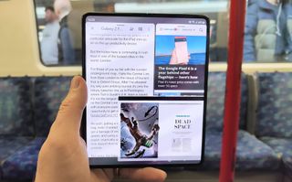 A photo of the Samsung Galaxy Z Fold 3 on the London Underground 