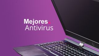 El texto &quot;Mejores antivirus&quot; junto a un portátil, sobre un fondo morado