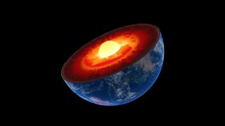 Earth core structure illustrated with geological layers according to scale.