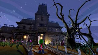 Luigi approaching a mansion during the night in Luigi's Mansion 2 HD.