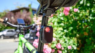 Trek CarBack Radar Rear Bike Light shown mounted on the seat post of a green bike with green foliage out of focus in the background