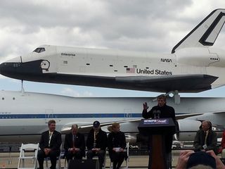 Leonard Nimoy of "Star Trek" fame says a few words after NASA's prototype space shuttle Enterprise touched down in New York City on April 27, 2012.