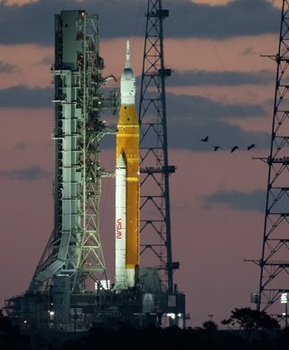 A view of the Artemis 1 rocket on the launch pad before a "wet dress rehearsal" to prepare for launch.