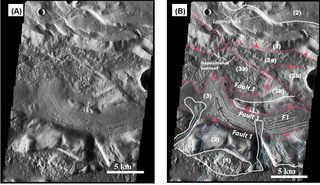 Landforms north of Mars' Olympus Mons volcano may be evidence of recent tectonic activity. Left: uninterpreted image, from NASA's Mars Odyssey spacecraft. Right: interpreted image.