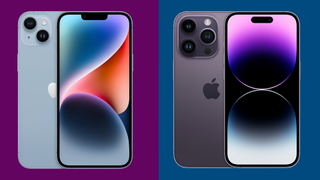 iPhone 14 vs iPhone 14 Pro montage with both phones side by side on a colored background.