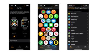 iPhone screenshots of the Apple Watch customisation screen.
