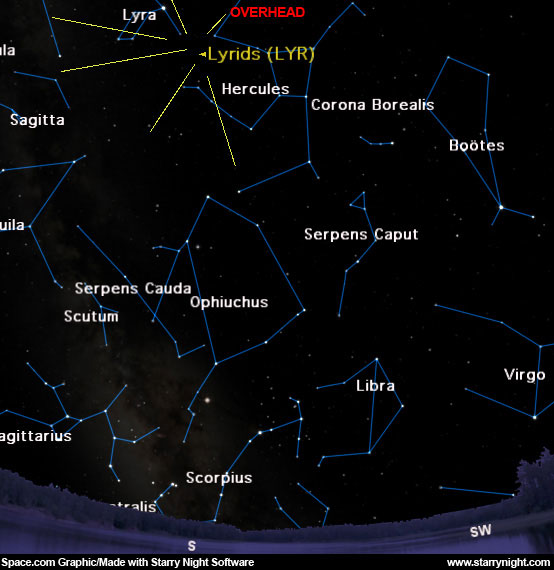 The Lyrid meteor shower peaks overnight on April 22-23. This sky shows the location of the Lyrids center seen at 4:30 a.m. from mid-northern latitudes.