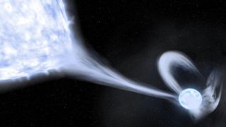 a large blue-white gaseous orb hangs top left against a black background. a light blue wisp tails from the large orb to a smaller, rounder orb bottom right, with other gasses swirling around.