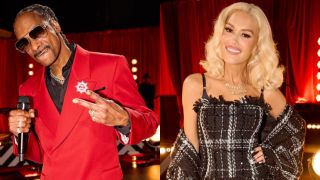 In side-by-side images for NBC's The Voice Season 26, Snoop Dogg flahes a peace sign at the camera and Gwen Stefani stands with her hand on her hip.