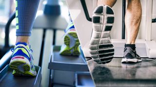 A photo of feet running on a cross trainer and a treadmill