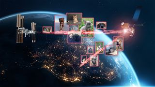 The space station above earth shoots a laser to another satellite, which relays it to earth. along the laser are pictures of cats and dogs