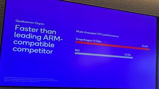 Photo of a TV screen showing Snapdragon X Elite comparison charts