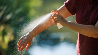 Someone spraying insect repellent onto their arm