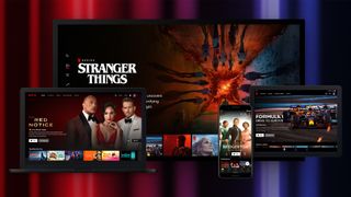 A screenshot of Netflix's user interface on a mobile, laptop, and TV that shows Stranger Things, Red Notice, and more