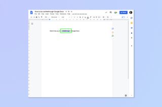 A screenshot show the steps required to do a strikethrough on Google Docs