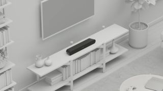 Sonos Ray on a TV stand surrounded by white furniture