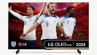A 42-inch LG C4 OLED TV on a white background. On screen are three England football players celebrating.