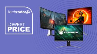 Three gaming monitors on a purple background with white lowest price text