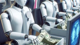Humanoid robots holding cash
