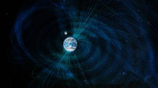 Artist&#039;s illustration showing Earth&#039;s magnetic field spreading into space.